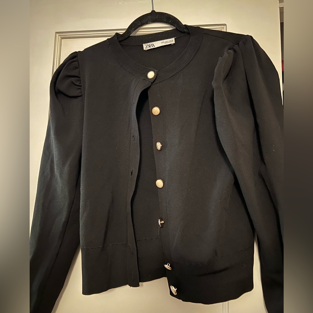 Zara black pearl button cardigan w puffed sleeve size small